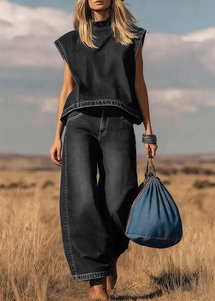Boho Blue Top And Pants Denim Two Pieces Set Summer