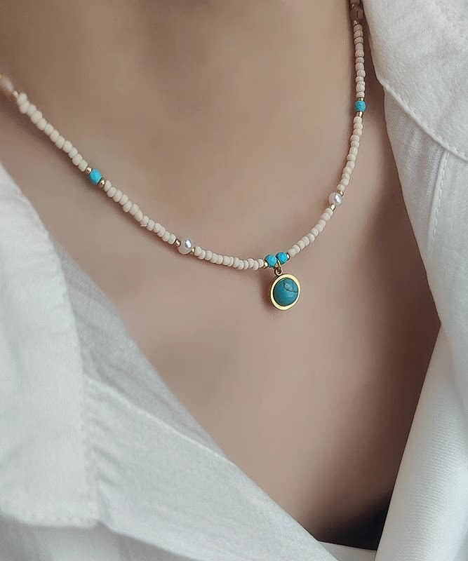 Boho Blue Turquoise With Fine Pearl Gratuated Bead Necklace