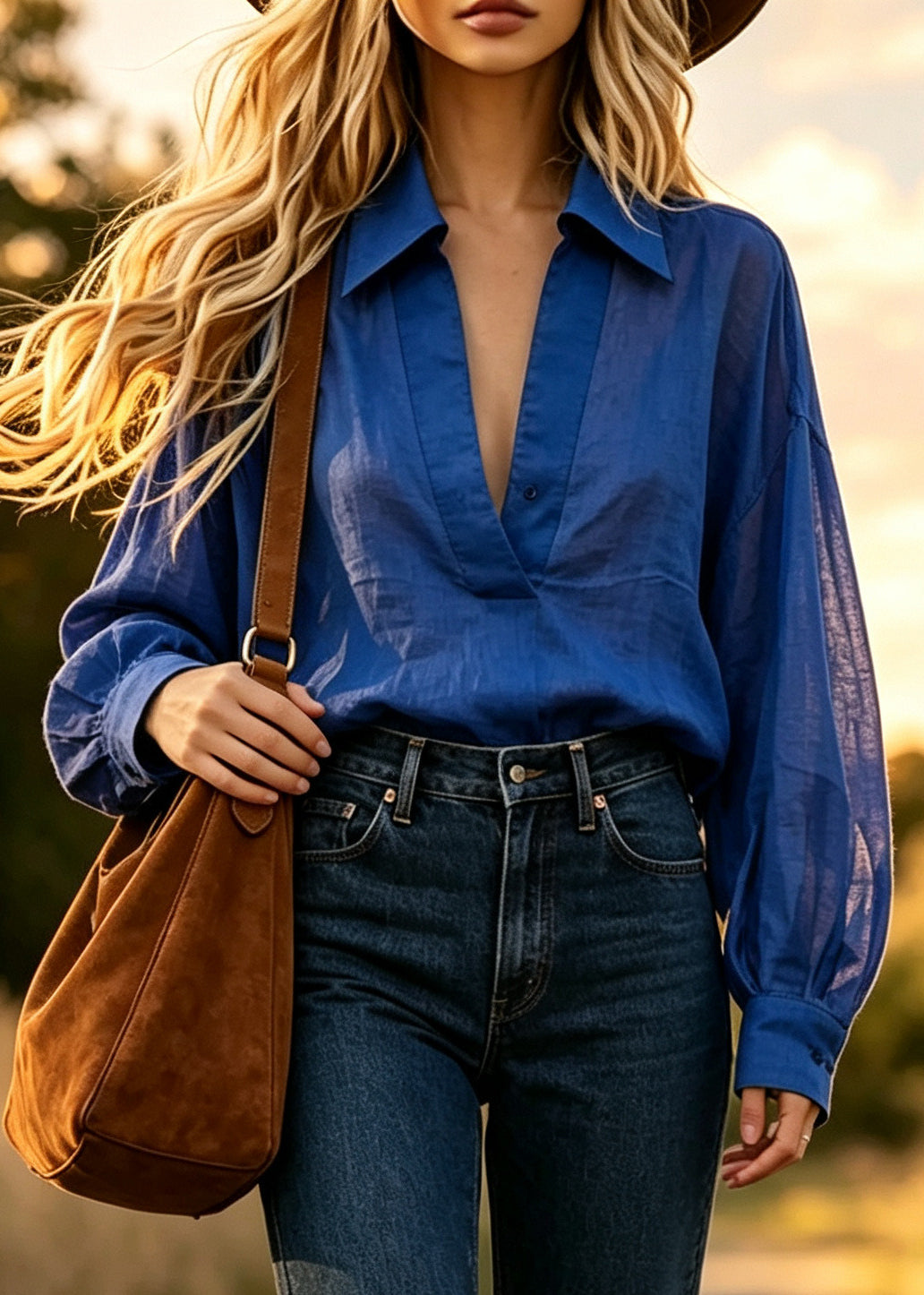 Boho Blue V Neck Oversized Cotton Shirt Tops Fall