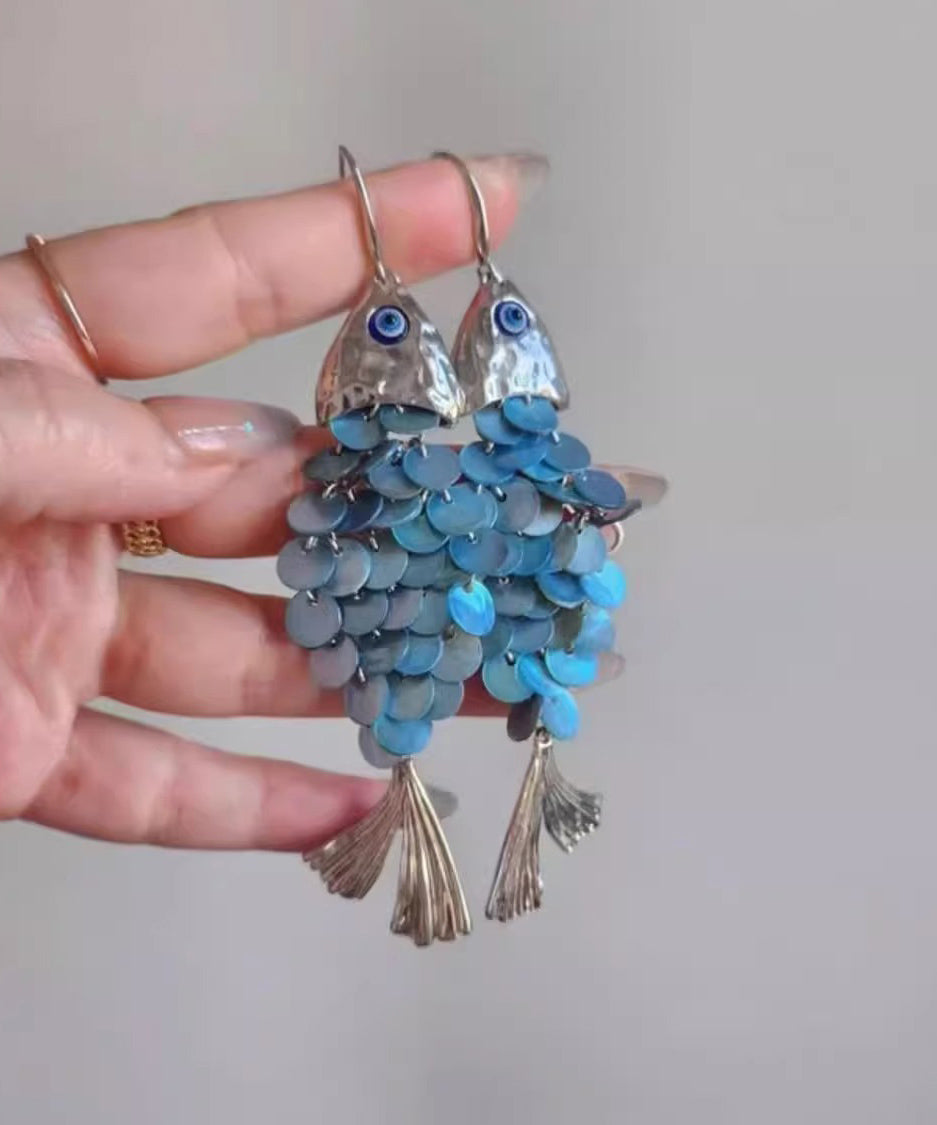 Boho Blue Weave Shell Small Fish Tassel Drop Earrings