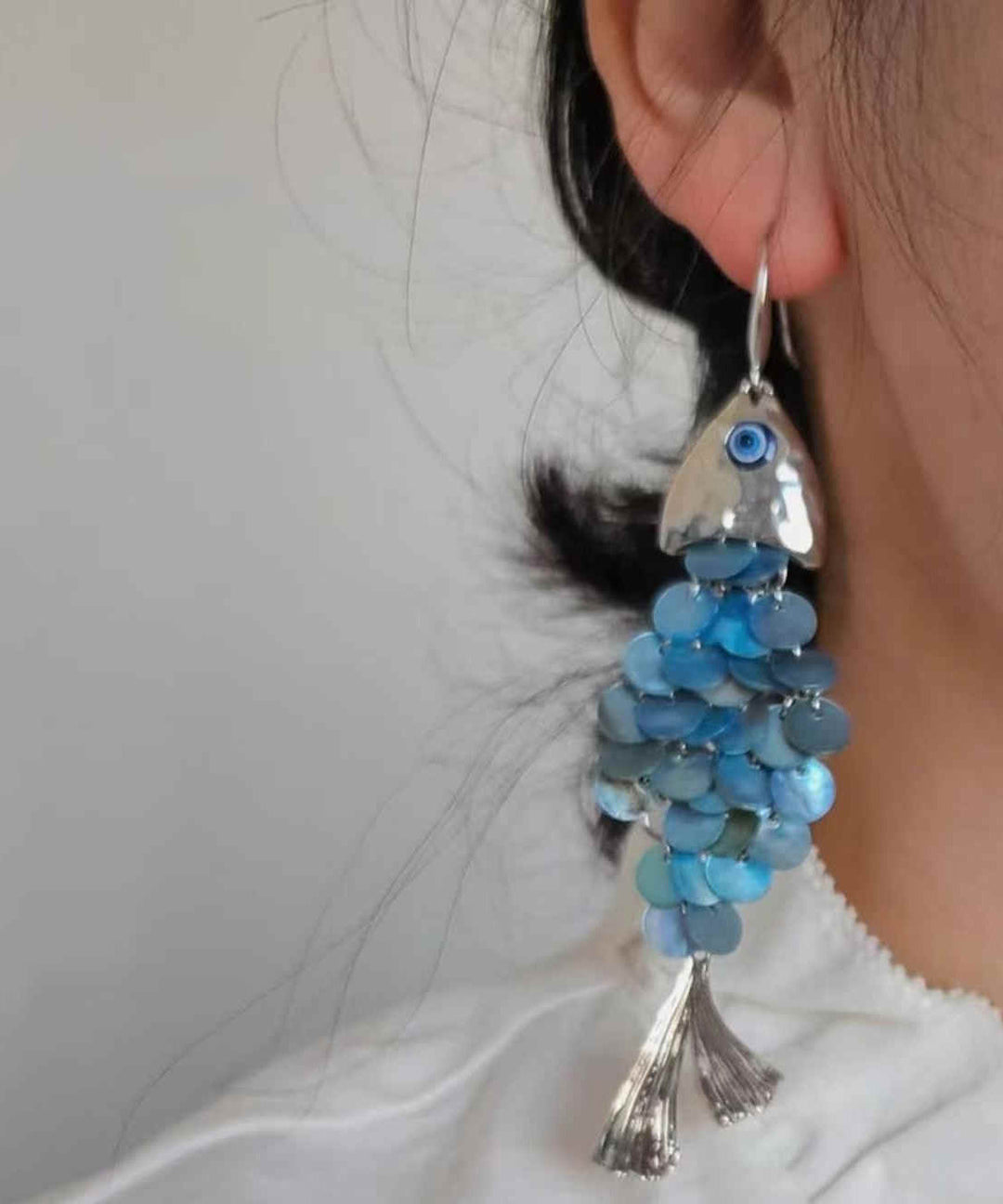 Boho Blue Weave Shell Small Fish Tassel Drop Earrings