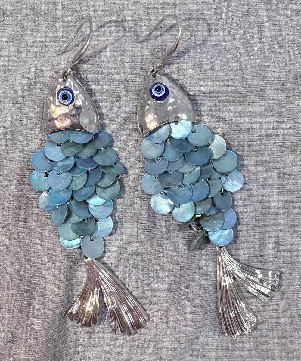 Boho Blue Weave Shell Small Fish Tassel Drop Earrings