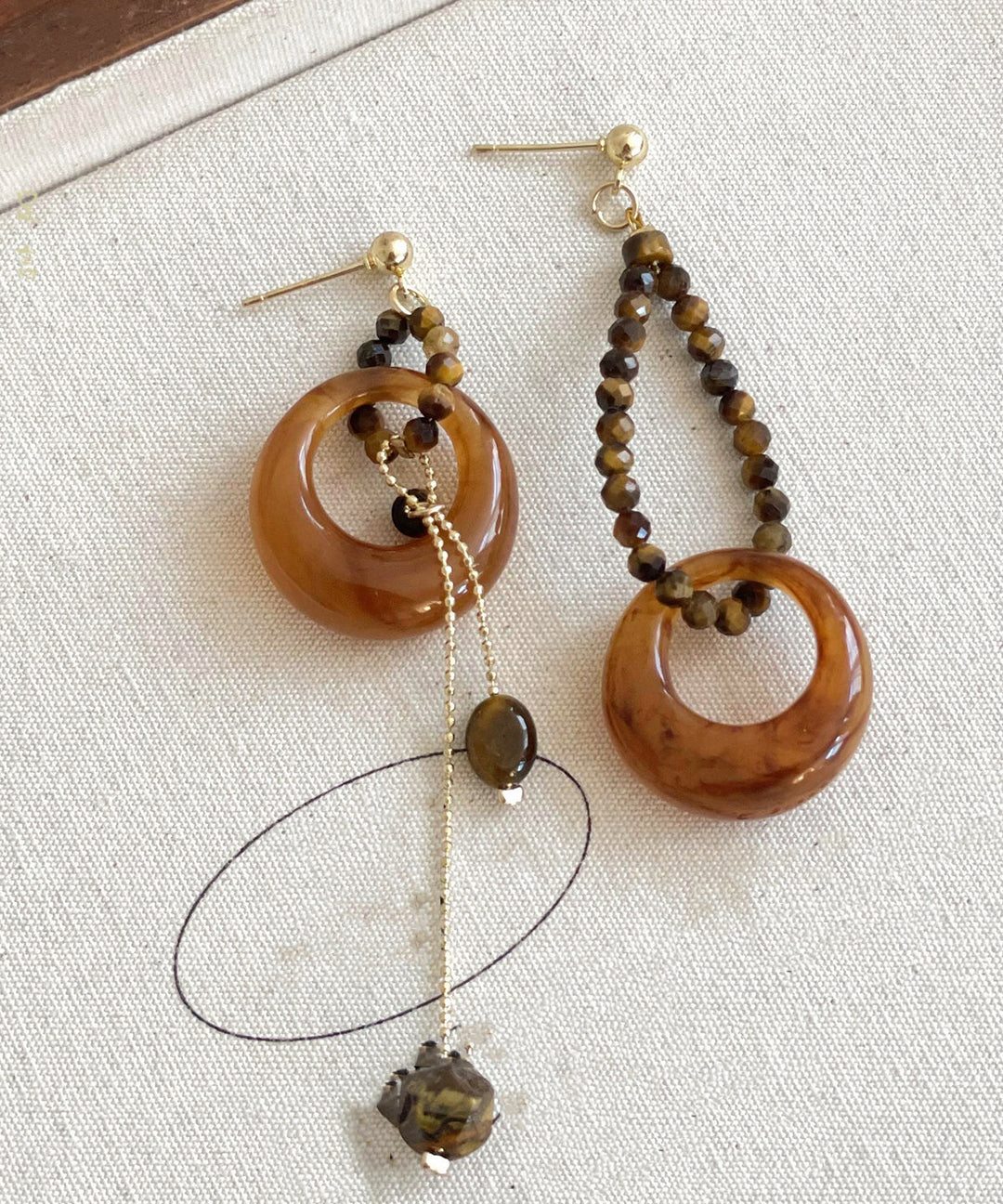 Boho Brown Alloy Gem Stone Petal Tassel Asymmetric Drop Earrings