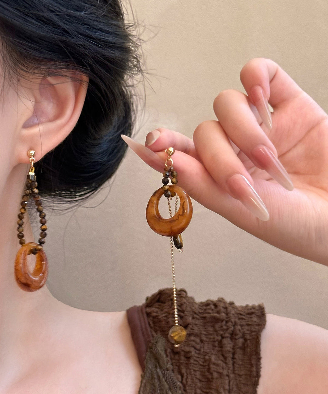 Boho Brown Alloy Gem Stone Petal Tassel Asymmetric Drop Earrings