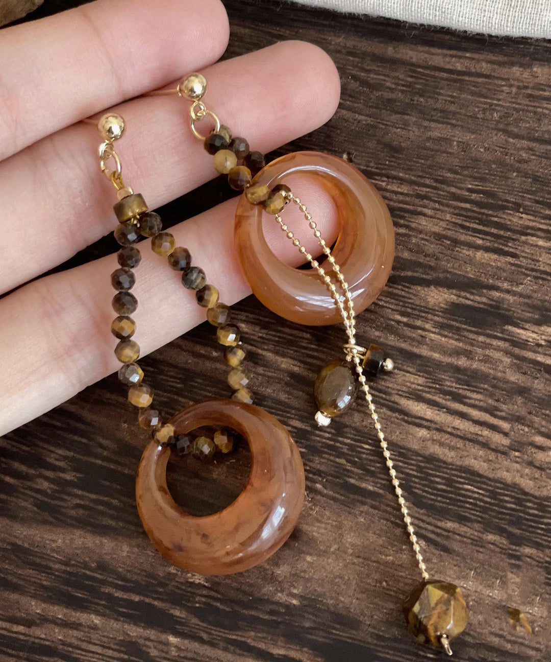 Boho Brown Alloy Gem Stone Petal Tassel Asymmetric Drop Earrings