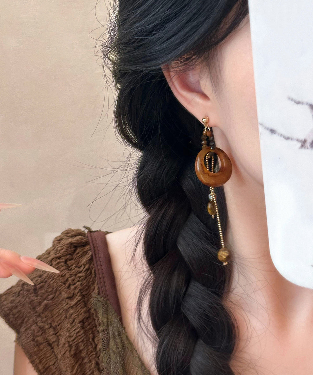 Boho Brown Alloy Gem Stone Petal Tassel Asymmetric Drop Earrings