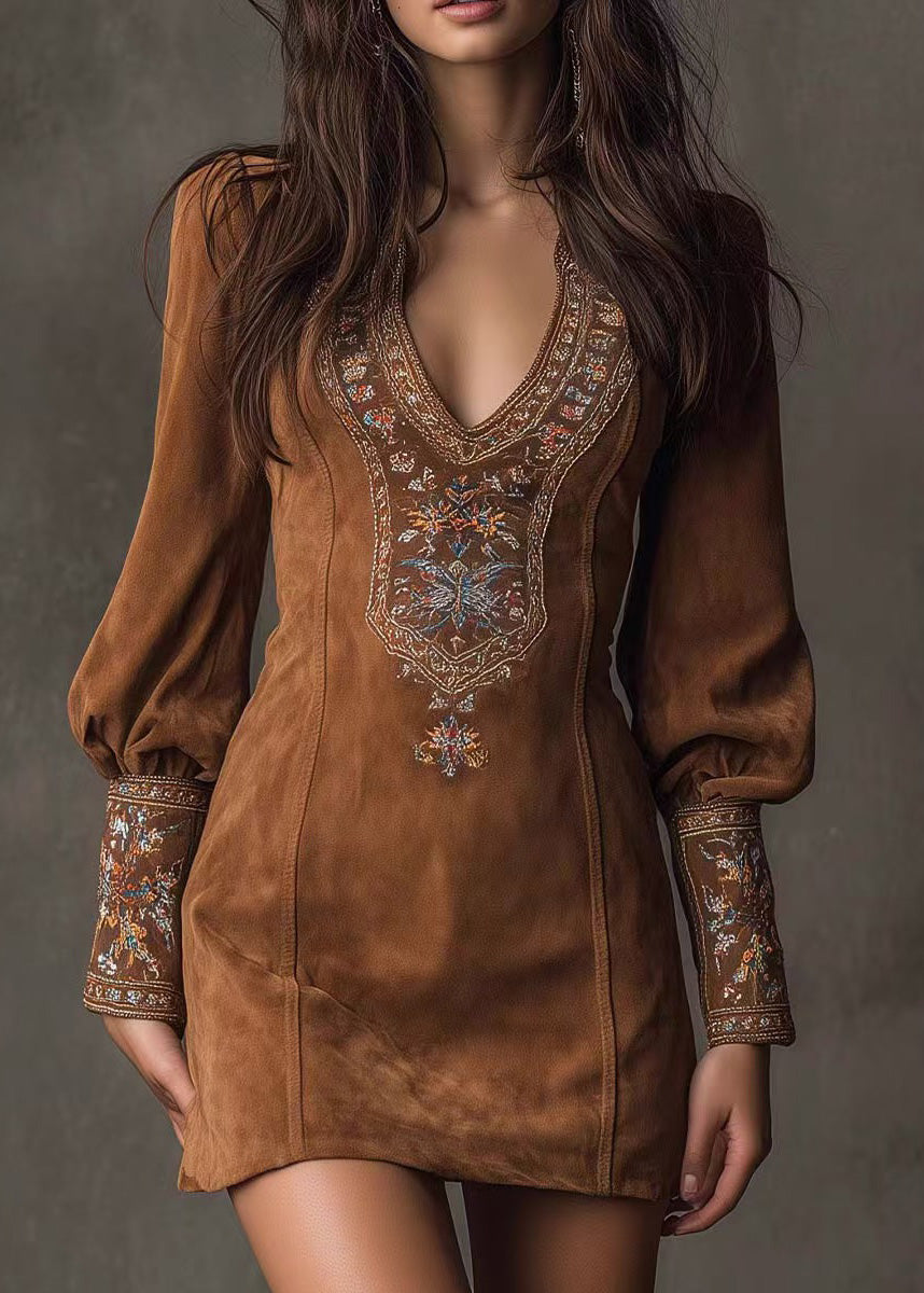 Boho Brown Embroidered Faux Suede Mid Dress Spring