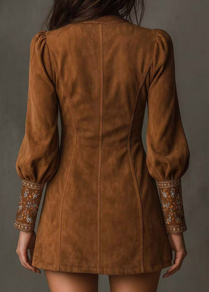 Boho Brown Embroidered Faux Suede Mid Dress Spring