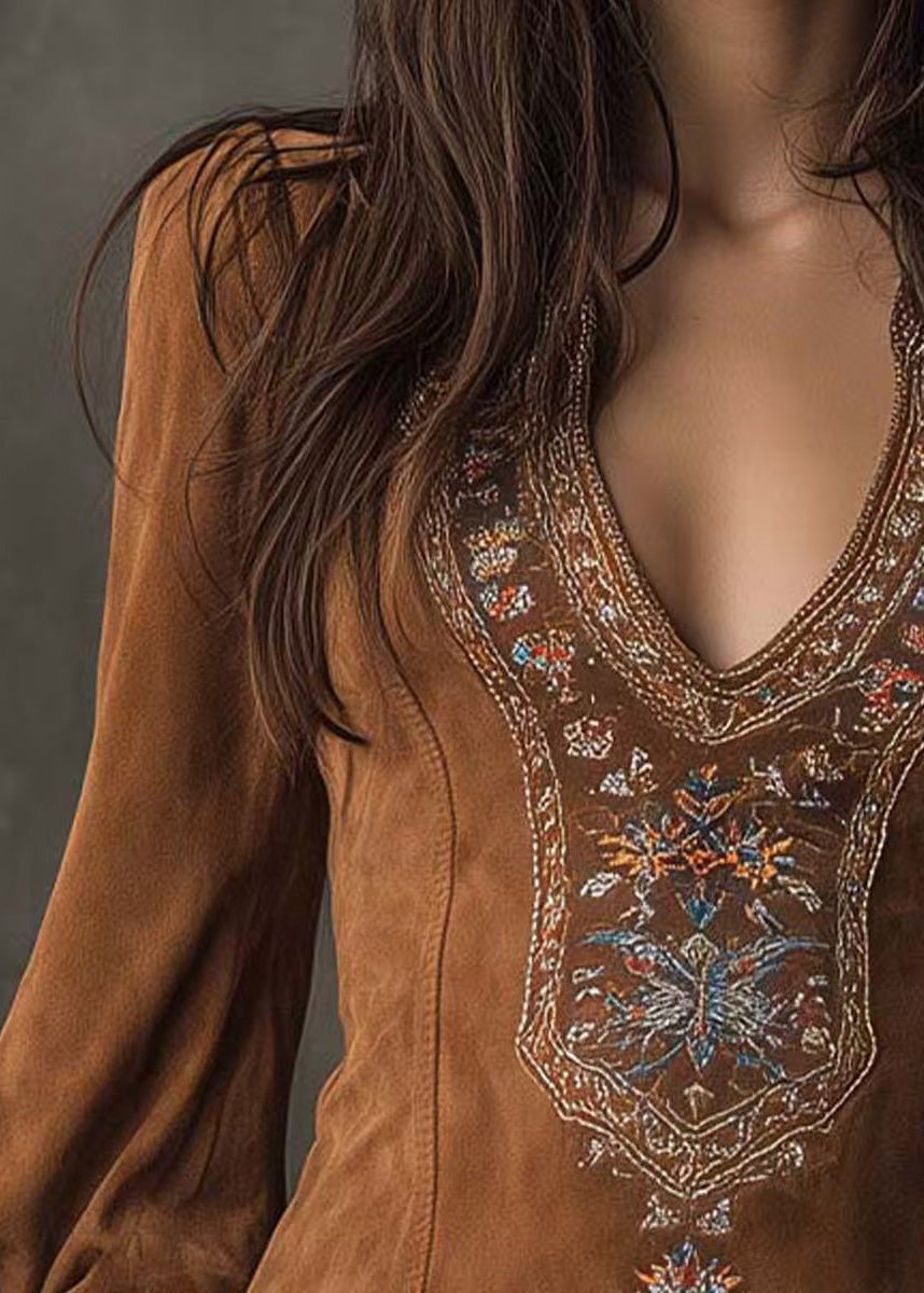 Boho Brown Embroidered Faux Suede Mid Dress Spring
