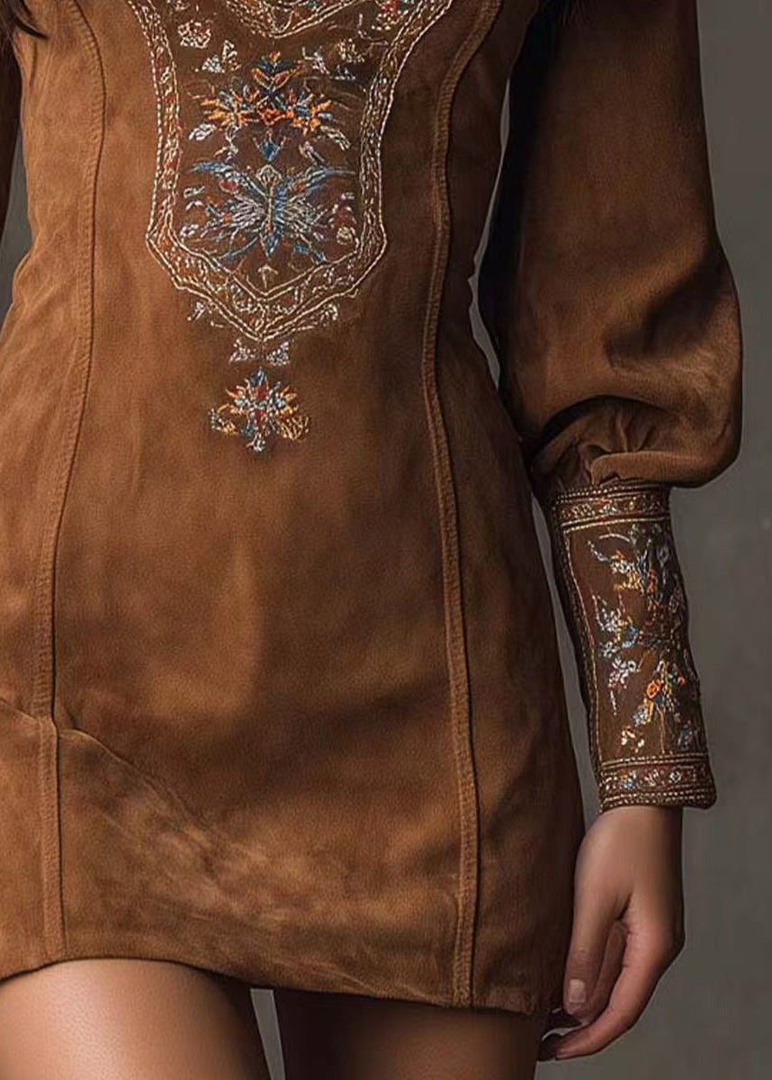 Boho Brown Embroidered Faux Suede Mid Dress Spring