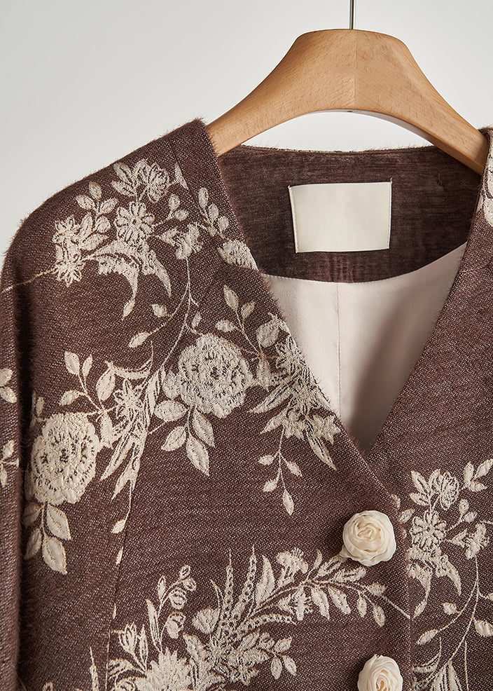 Boho Brown Embroidered Floral Decorated Cotton Jackets Fall