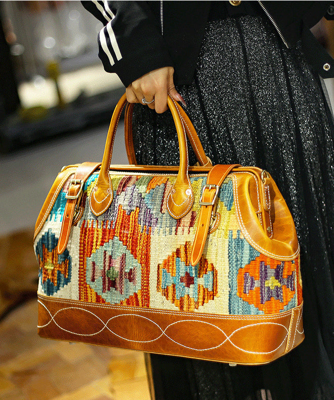 Boho Brown Jacquard Patchwork Canvas-linen Leather Tote Handbag