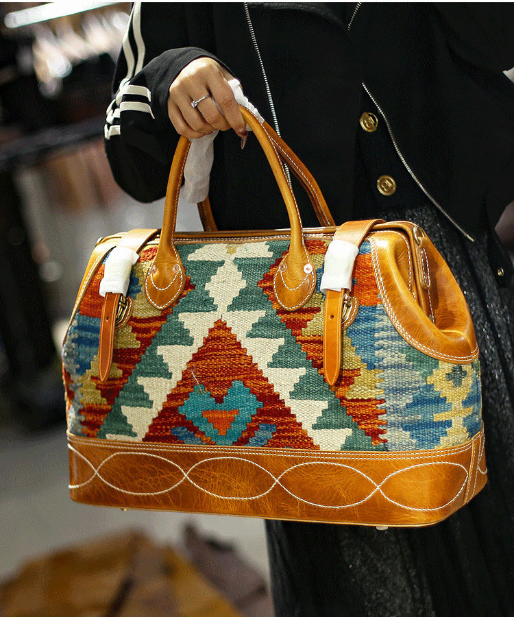 Boho Brown Jacquard Patchwork Canvas-linen Leather Tote Handbag