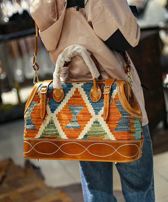 Boho Brown Jacquard Patchwork Canvas-linen Leather Tote Handbag