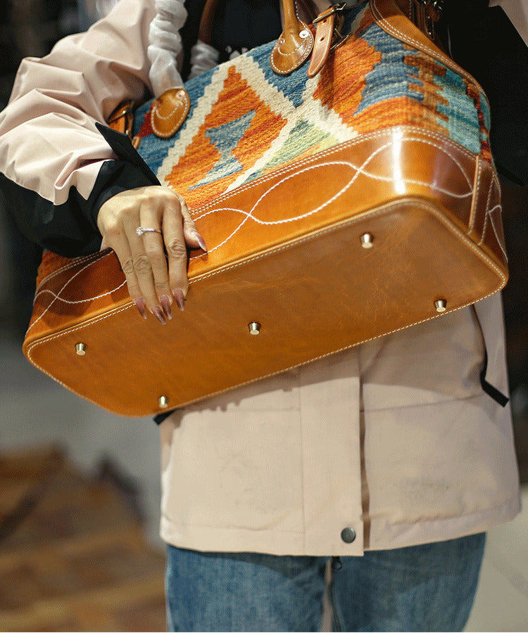 Boho Brown Jacquard Patchwork Canvas-linen Leather Tote Handbag