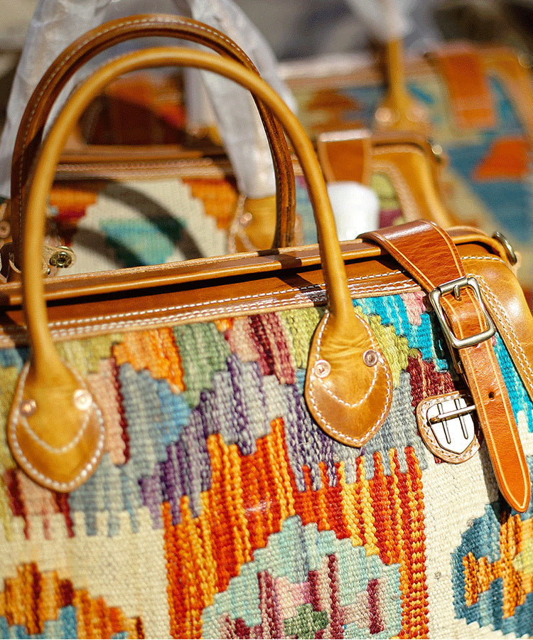 Boho Brown Jacquard Patchwork Canvas-linen Leather Tote Handbag
