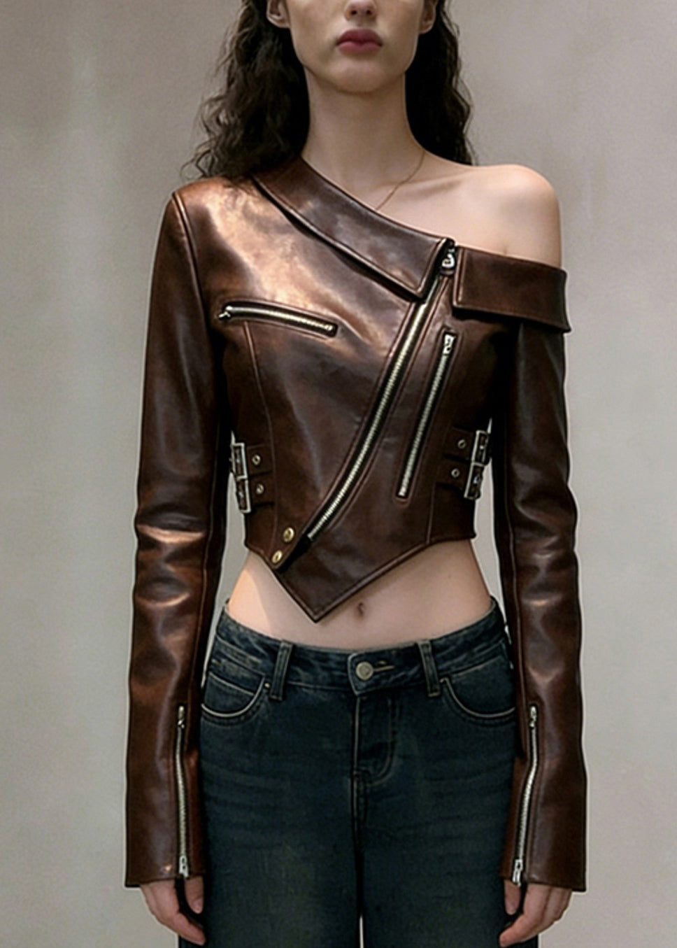 Boho Brown One Shoulder Bare Midriff Faux Leather Coats Spring