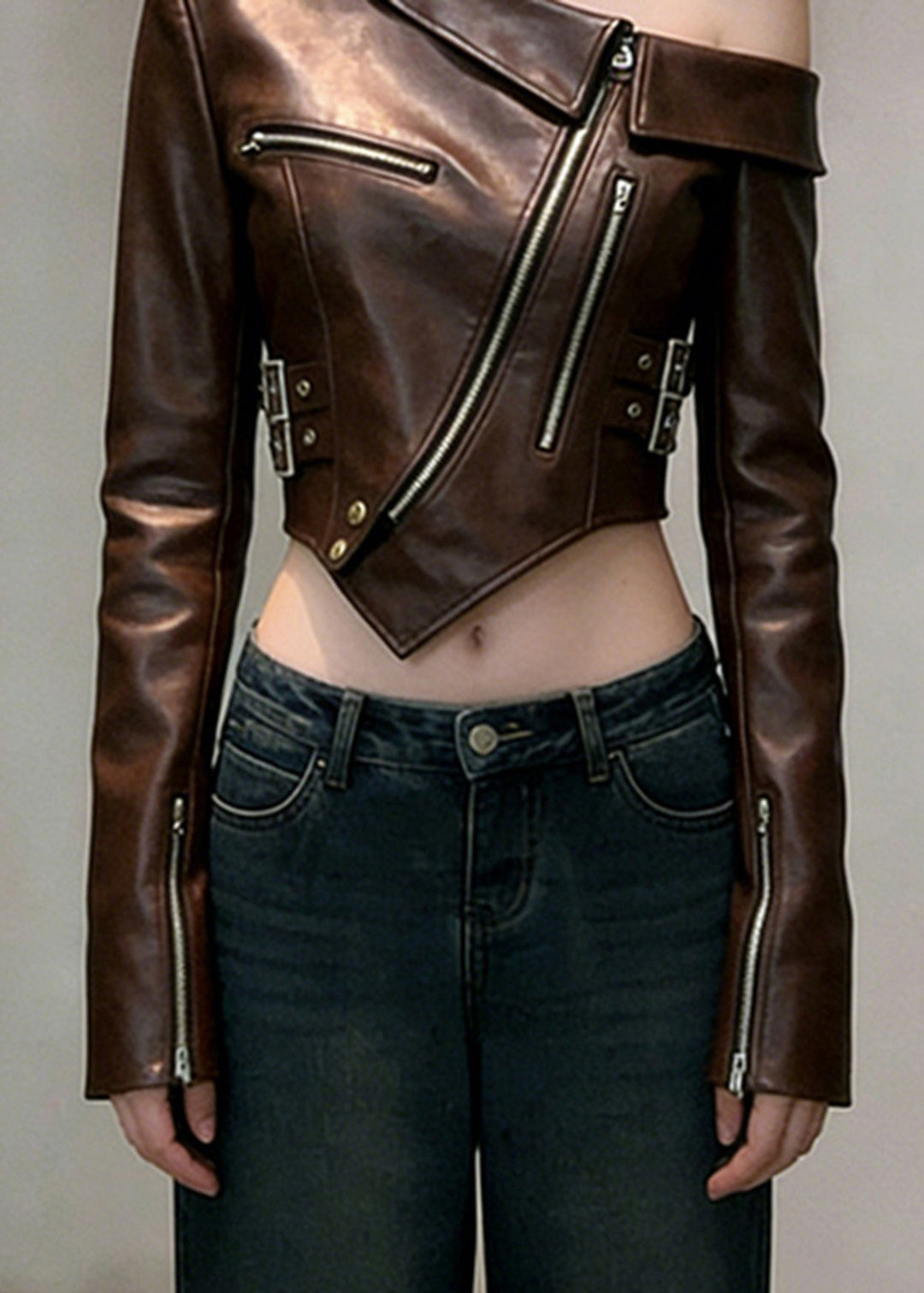 Boho Brown One Shoulder Bare Midriff Faux Leather Coats Spring
