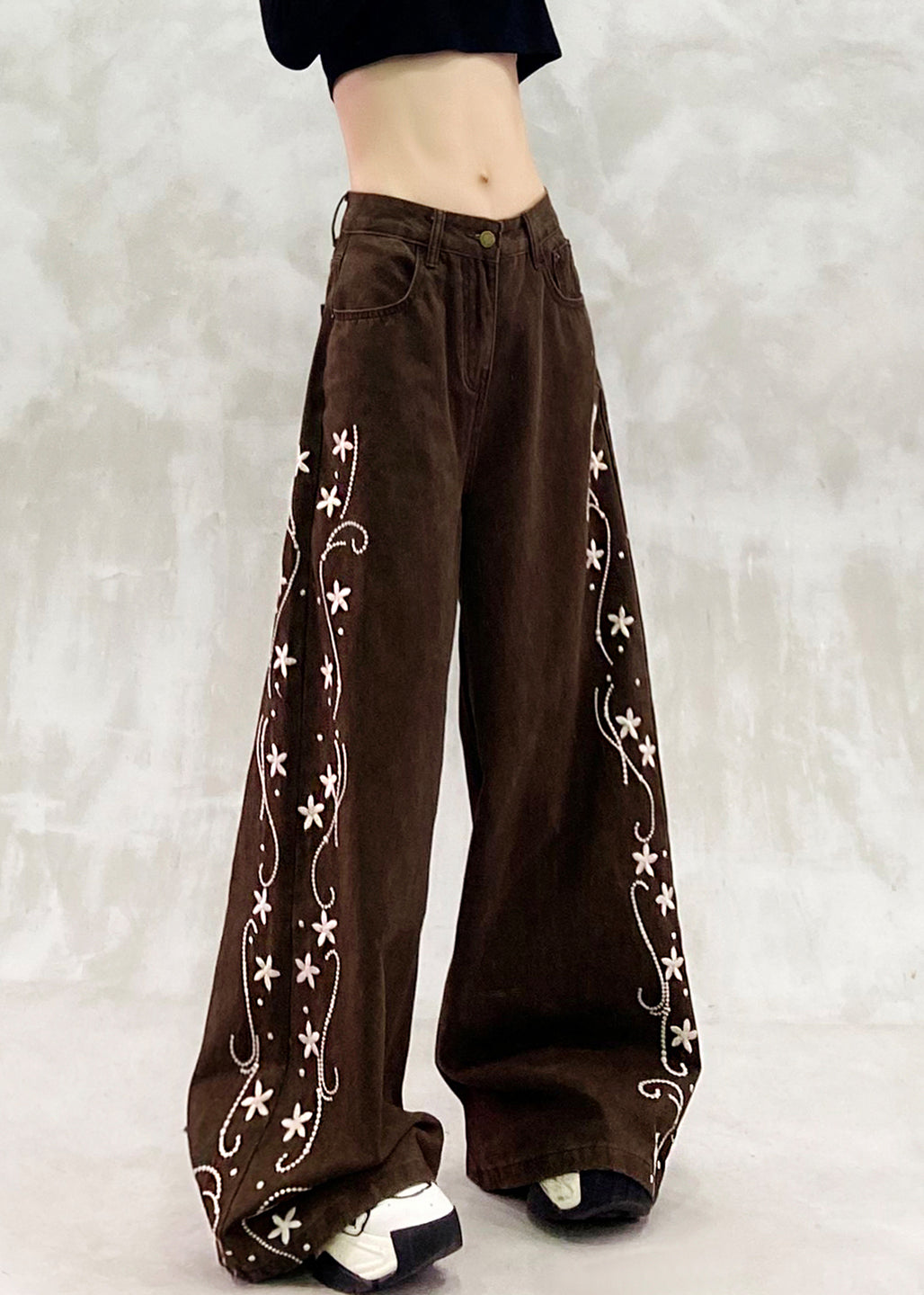 Boho Brown Oversized Print Denim Wide Leg Pants Spring