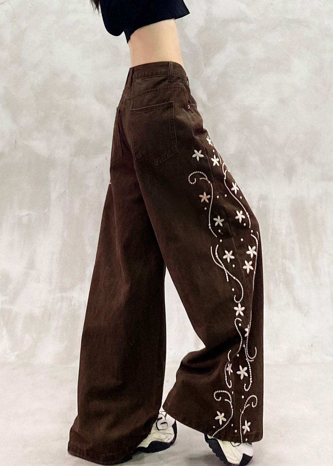 Boho Brown Oversized Print Denim Wide Leg Pants Spring