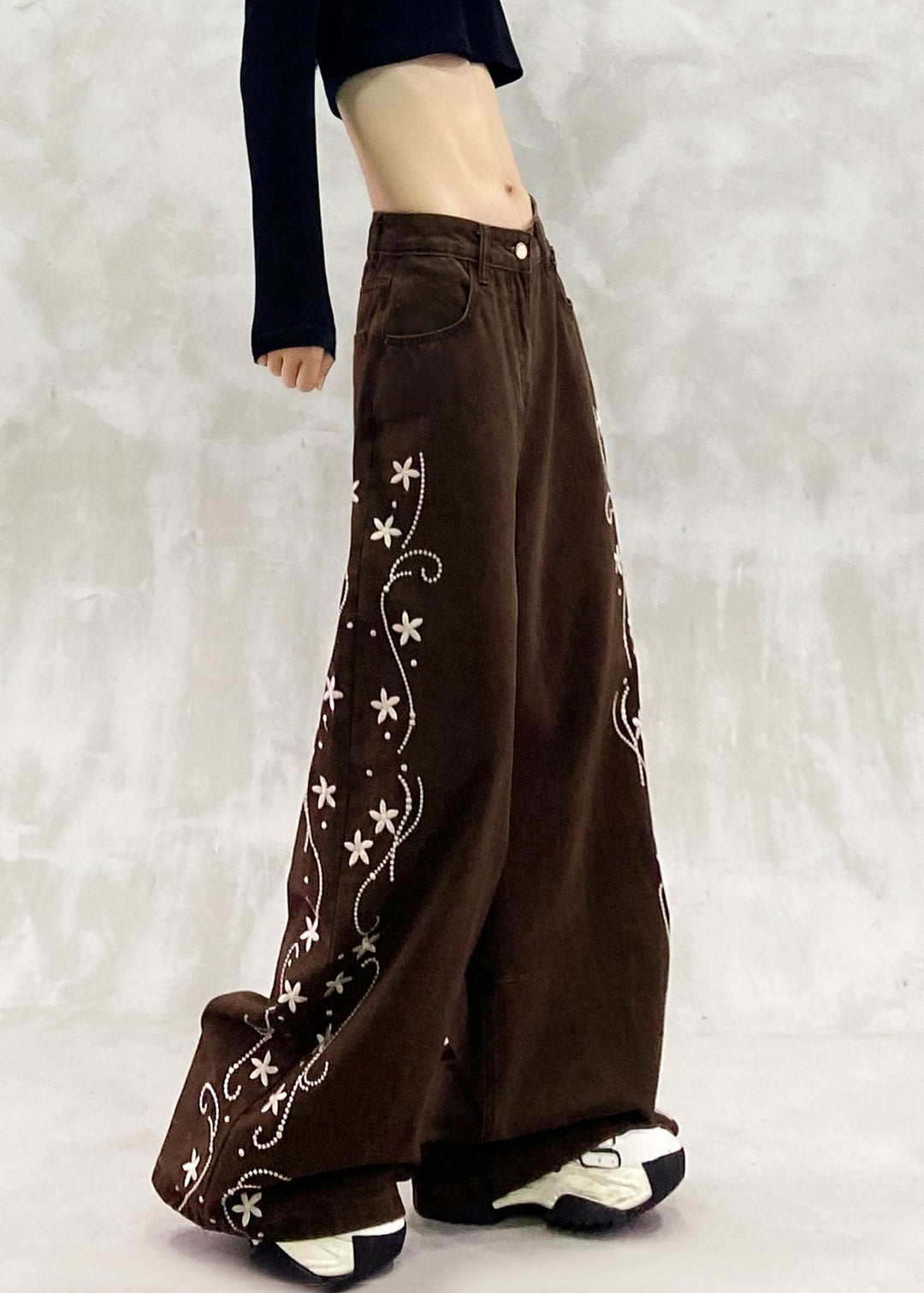 Boho Brown Oversized Print Denim Wide Leg Pants Spring