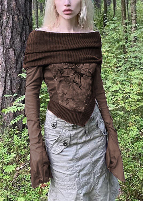 Boho Brown Print Knit Patchwork T Shirts Flare Sleeve
