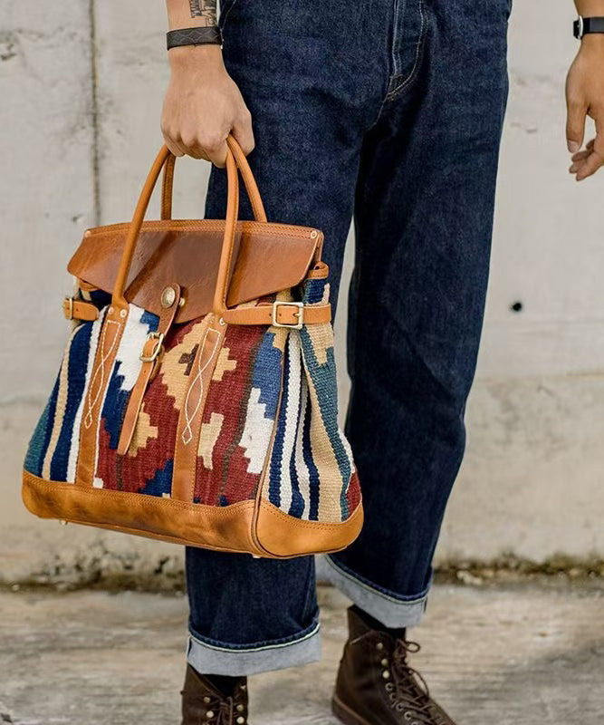 Boho Brown Print Patchwork Leather Tote Handbag