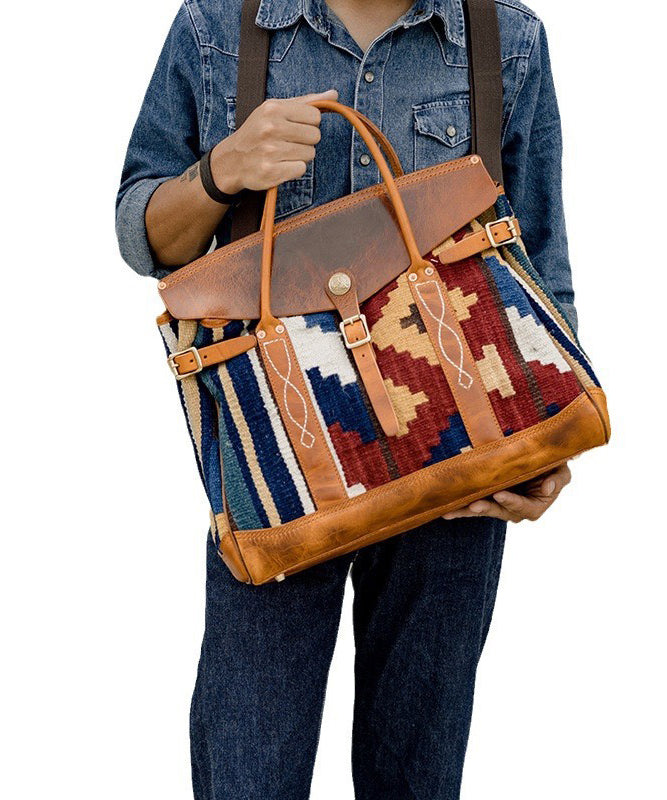 Boho Brown Print Patchwork Leather Tote Handbag