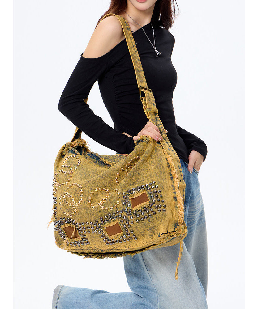 Boho Brown Rivet Large Capacity Applique Denim Messenger Bag