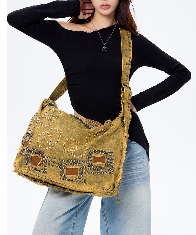Boho Brown Rivet Large Capacity Applique Denim Messenger Bag