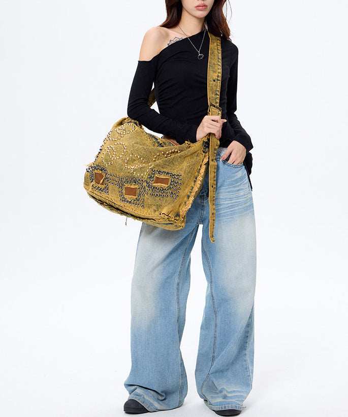Boho Brown Rivet Large Capacity Applique Denim Messenger Bag