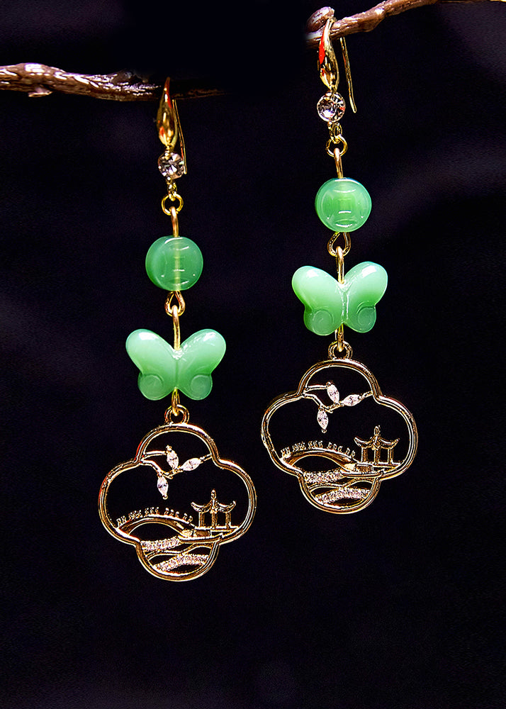 Boho Butterfly Jade Collocation 14K Gold Drop Earrings - Omychic