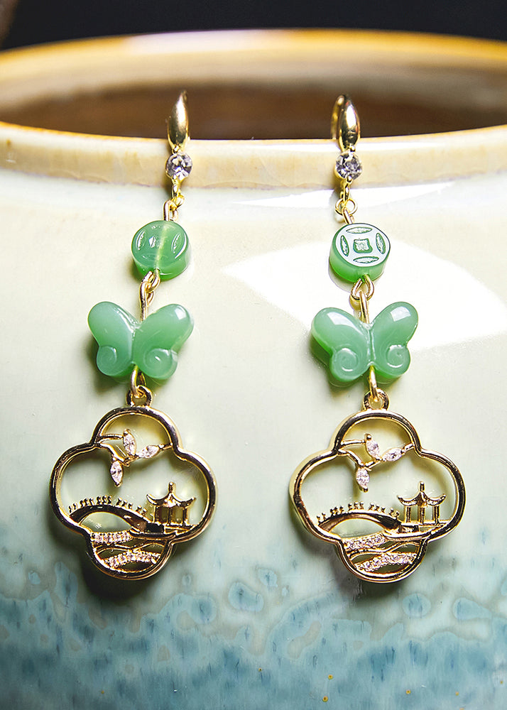 Boho Butterfly Jade Collocation 14K Gold Drop Earrings - Omychic