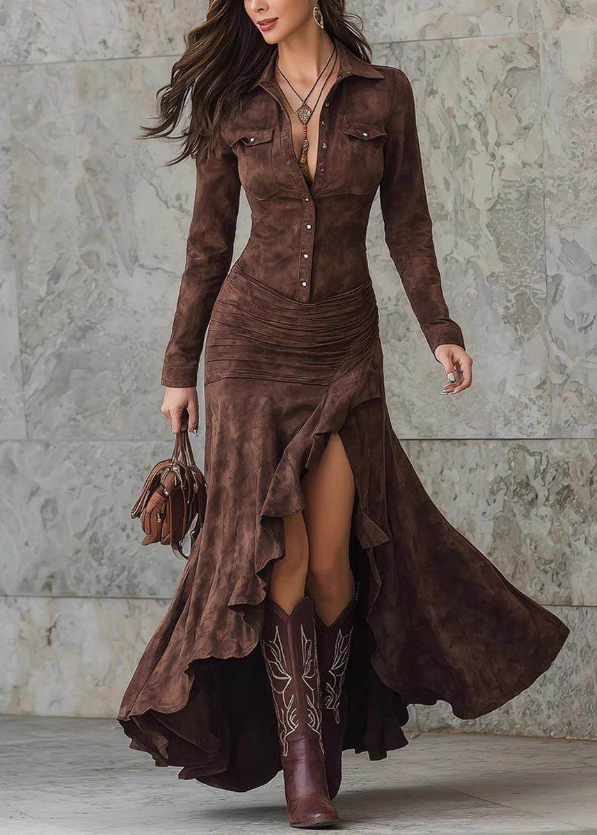 Boho Caramel Peter Pan Collar Patchwork Side Open Velour Maxi Dress Spring