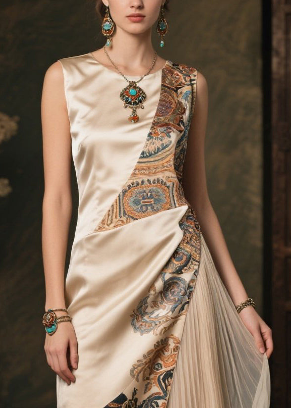 Boho Champagne Asymmetrical Patchwork Print Silk Dresses Sleeveless