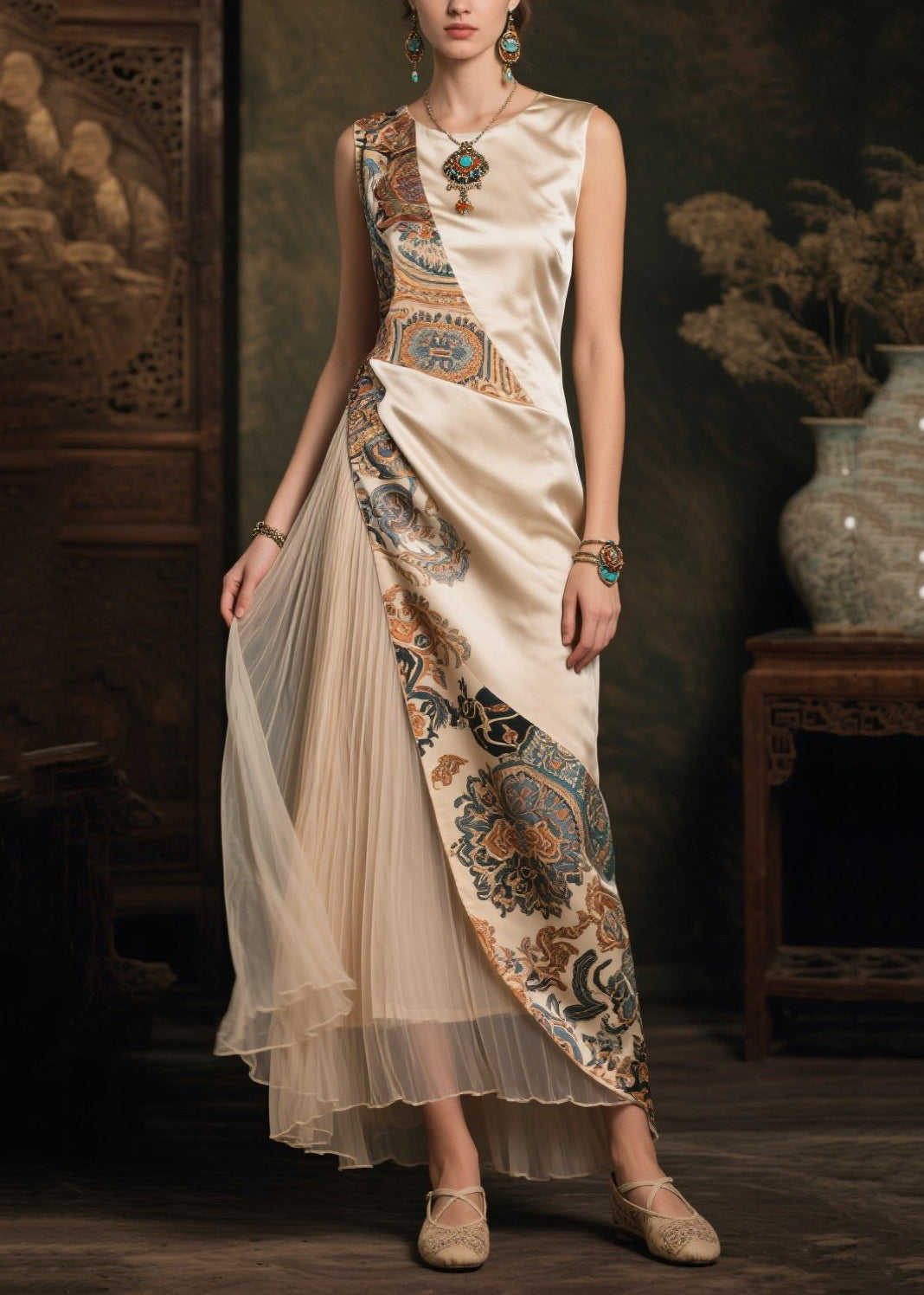 Boho Champagne Asymmetrical Patchwork Print Silk Dresses Sleeveless