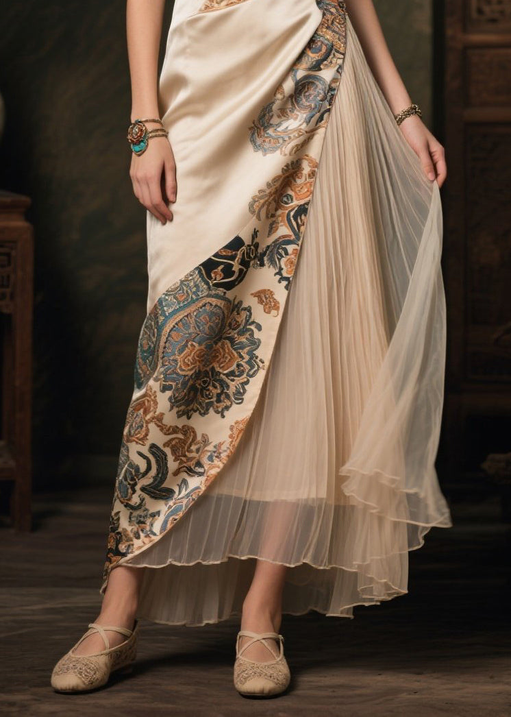 Boho Champagne Asymmetrical Patchwork Print Silk Dresses Sleeveless