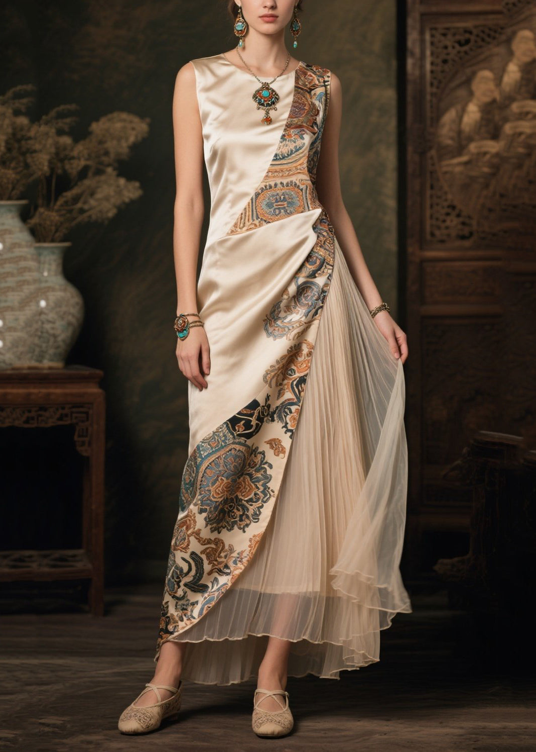 Boho Champagne Asymmetrical Patchwork Print Silk Dresses Sleeveless