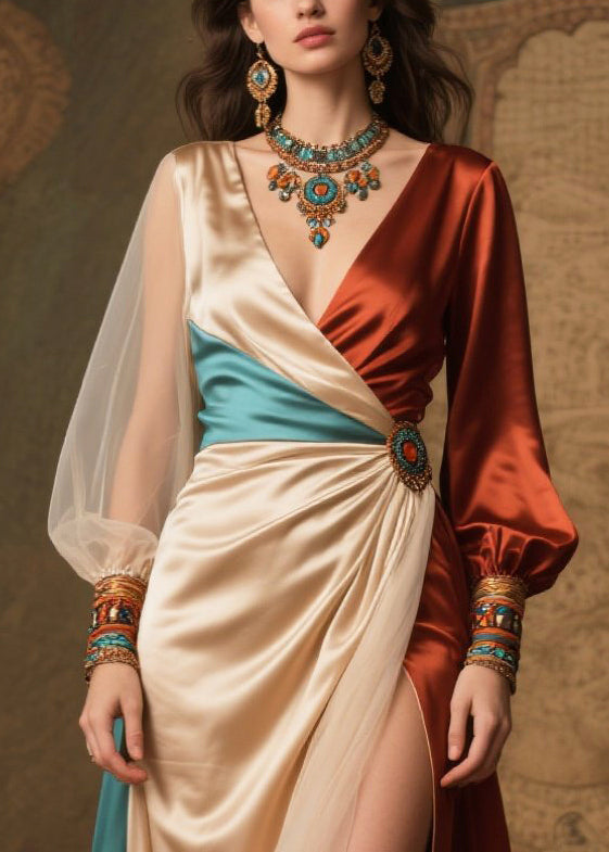 Boho Champagne Asymmetrical Patchwork Silk Vacation Dresses Summer