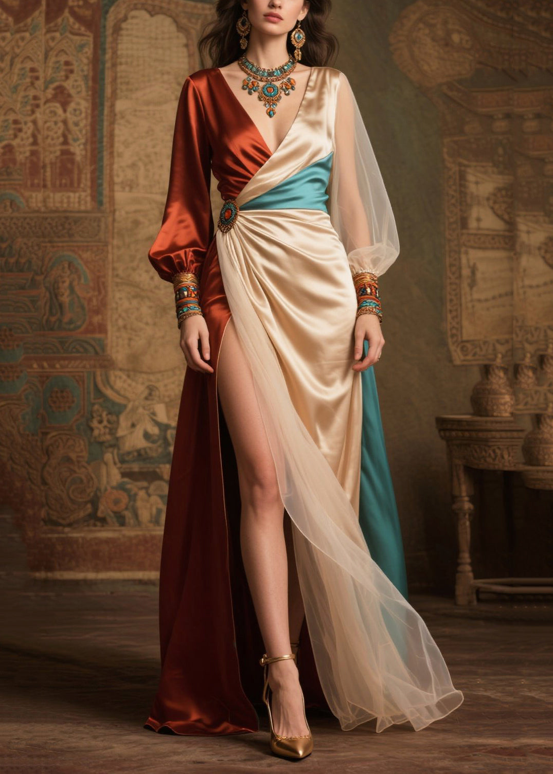 Boho Champagne Asymmetrical Patchwork Silk Vacation Dresses Summer