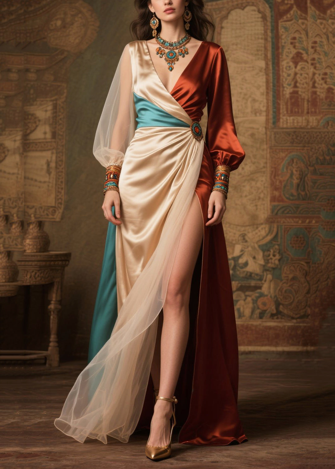 Boho Champagne Asymmetrical Patchwork Silk Vacation Dresses Summer