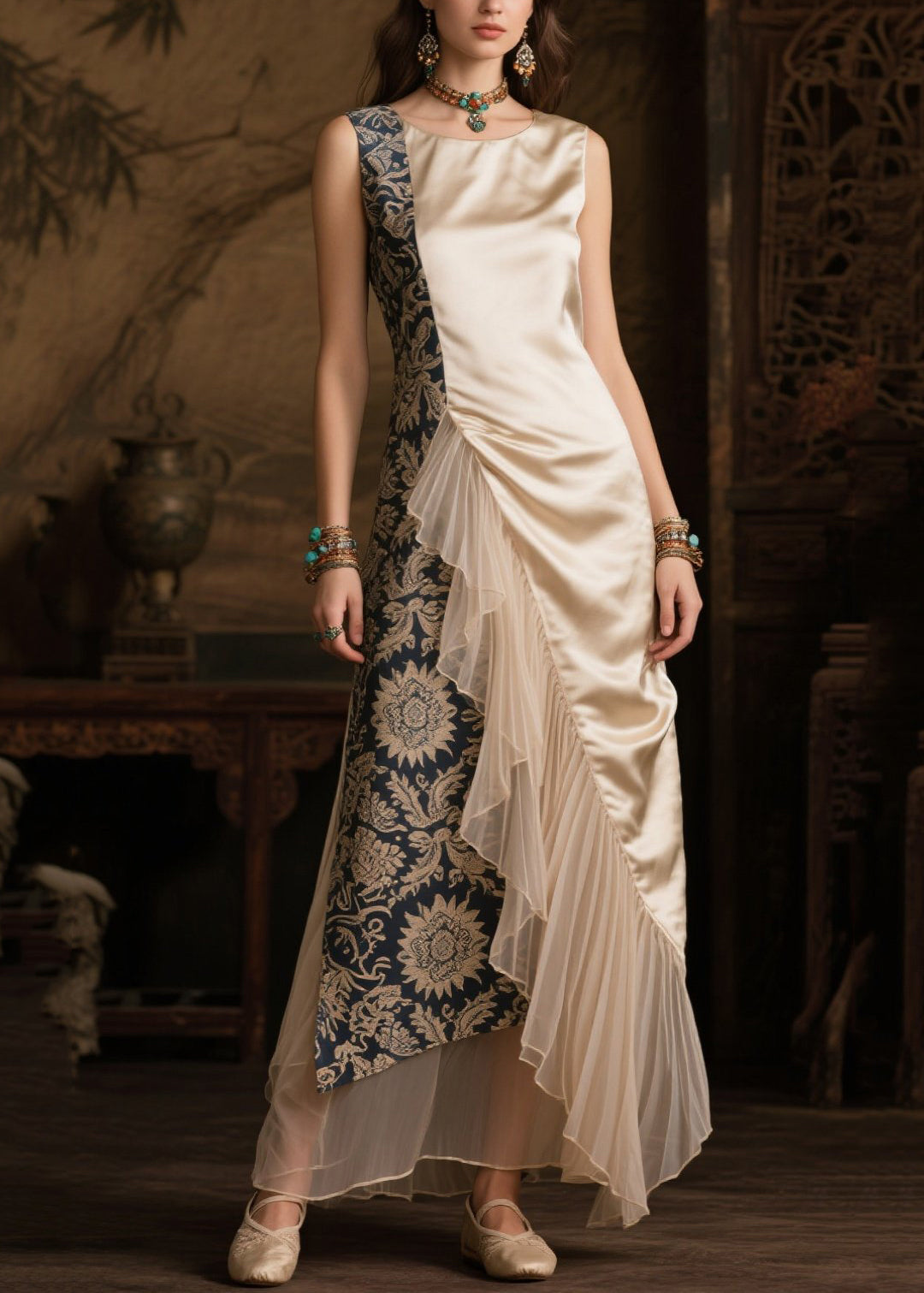 Boho Champagne Asymmetrical Tulle Patchwork Silk Robe Dresses Summer