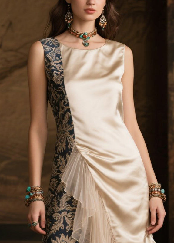 Boho Champagne Asymmetrical Tulle Patchwork Silk Robe Dresses Summer