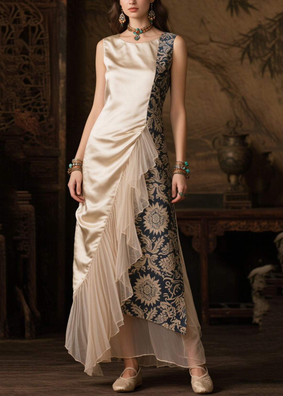 Boho Champagne Asymmetrical Tulle Patchwork Silk Robe Dresses Summer