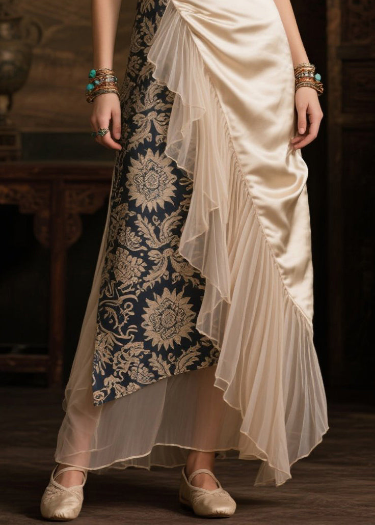 Boho Champagne Asymmetrical Tulle Patchwork Silk Robe Dresses Summer