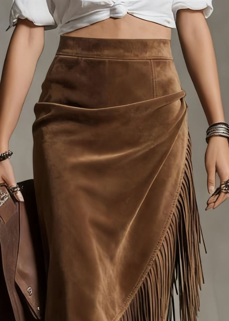 Boho Chocolate Asymmetrical Tasseled High Waist Faux Suede Skirt Spring