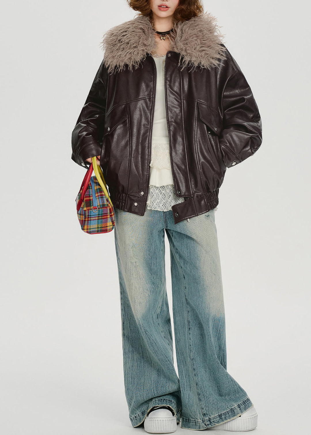 Boho Chocolate Faux Fur Collar Oversized Faux Leather Jackets Winter