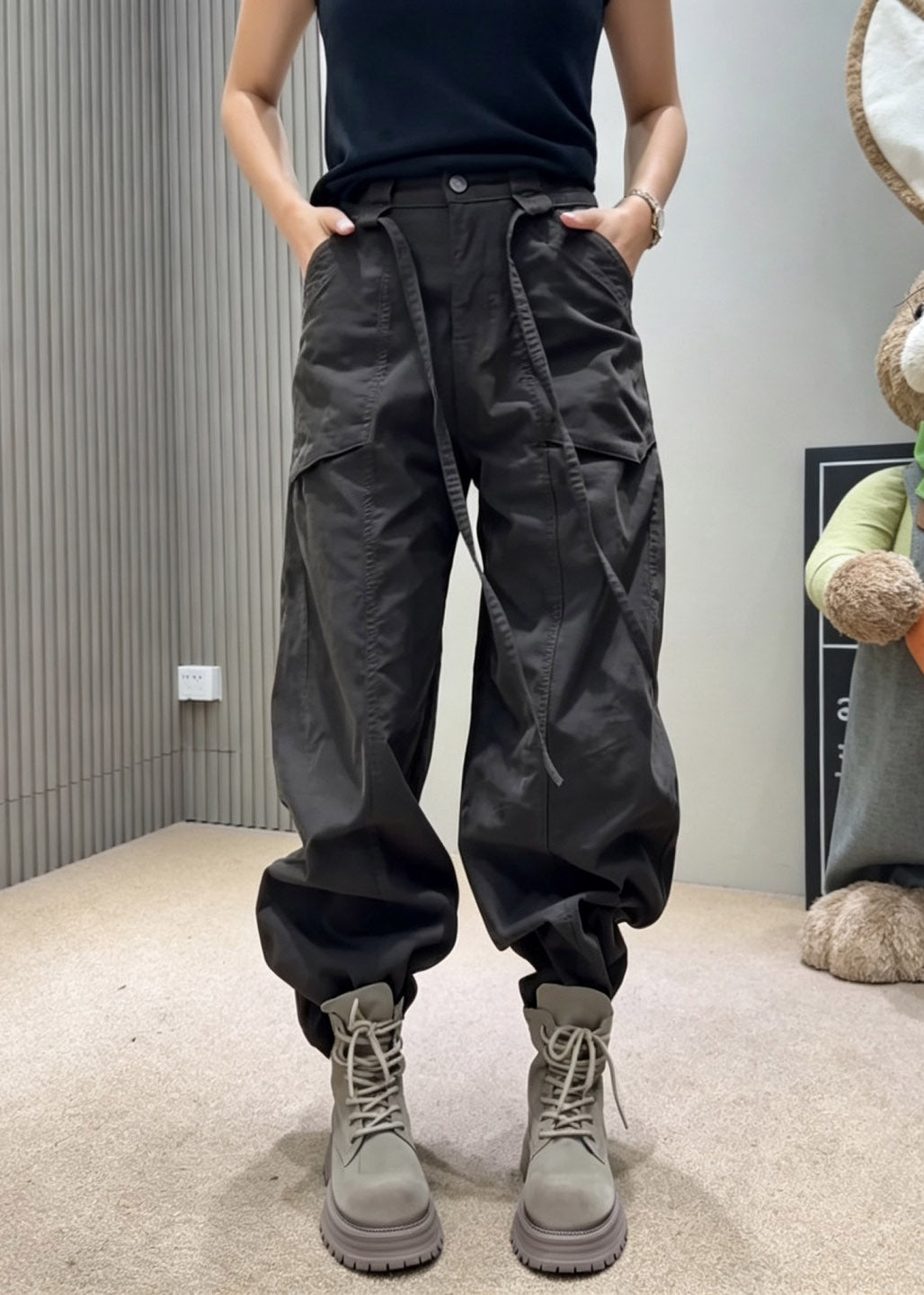 Boho Chocolate Pockets Tie Waist Jeans Fall
