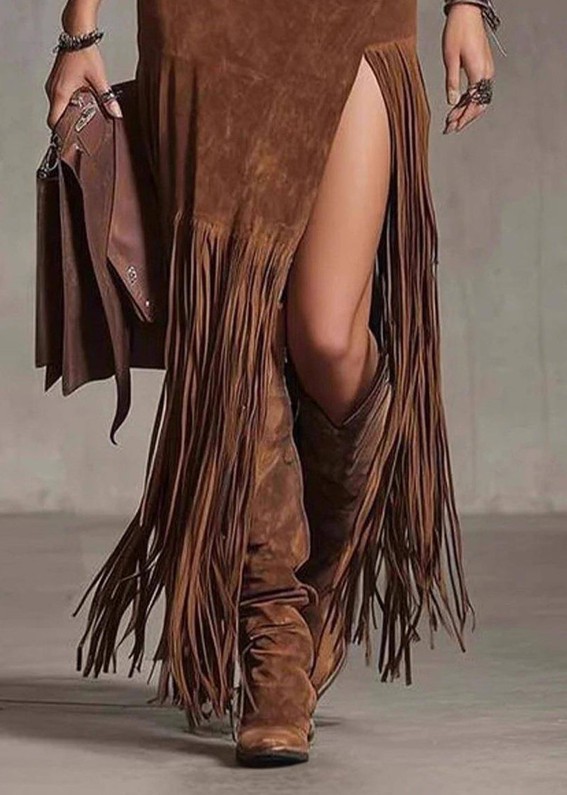 Boho Chocolate Tassel Patchwork Faux Suede Skirt Spring