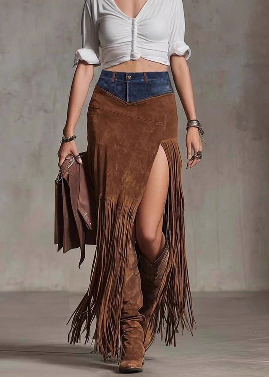 Boho Chocolate Tassel Patchwork Faux Suede Skirt Spring